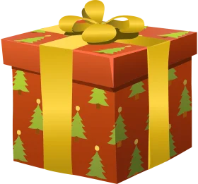 Festive Christmas Gift Clipart with Pine Trees and Cheerful Yellow Bow