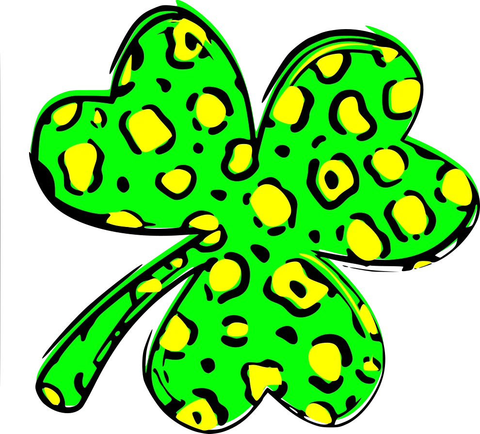 Lucky Leopard-Patterned Four Leaf Clover Clipart Design with Bright Colors
