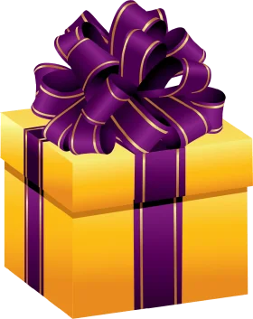 Luxurious Golden Yellow Gift Box with Elegant Purple Ribbon Clipart Design