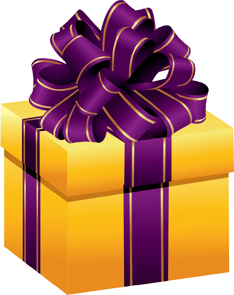 Luxurious Golden Yellow Gift Box with Elegant Purple Ribbon Clipart Design