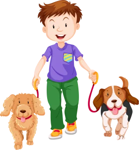 Cheerful Child Walking Two Happy Dogs in Colorful Cartoon Clipart Scene