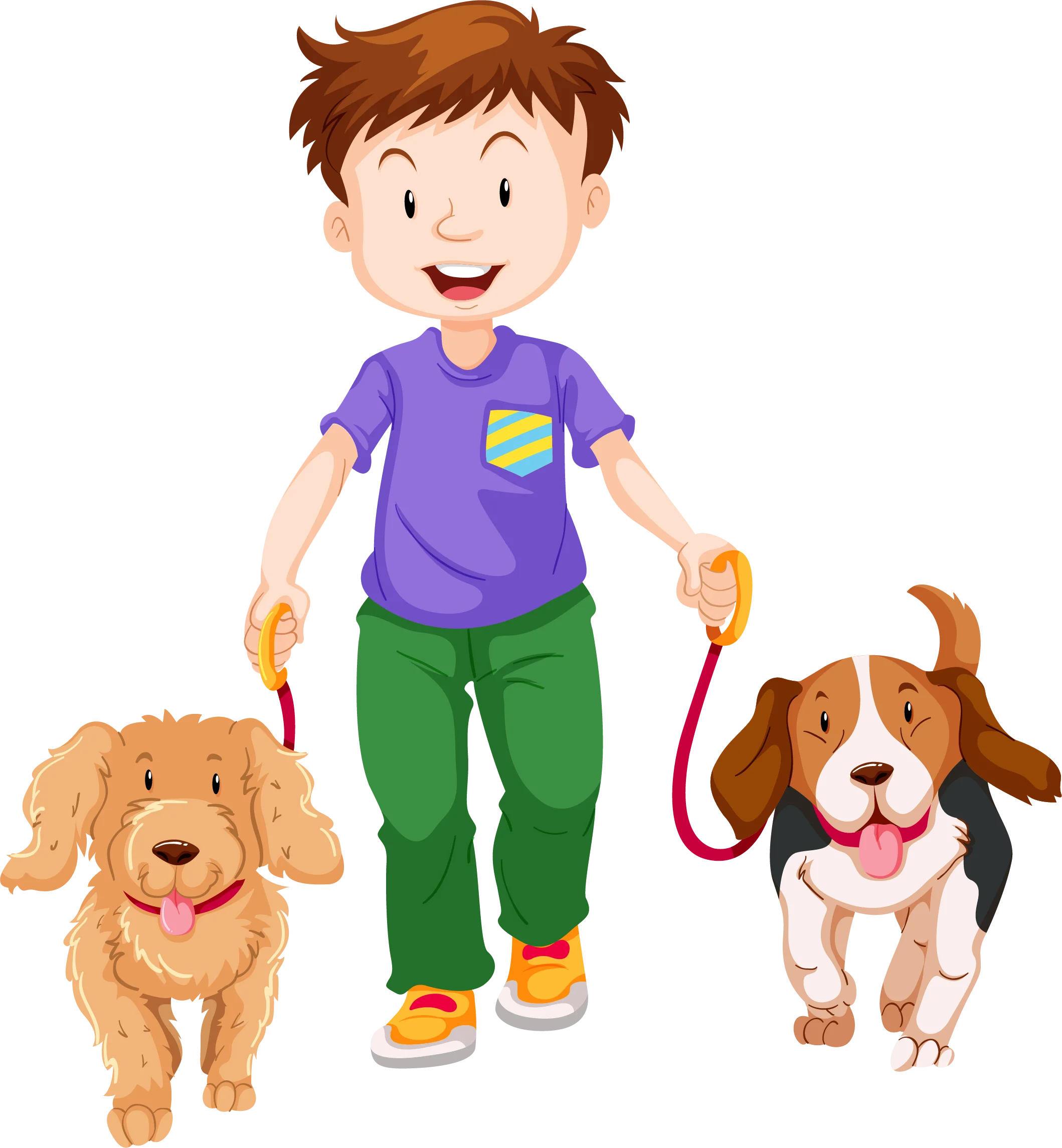 Cheerful Child Walking Two Happy Dogs in Colorful Cartoon Clipart Scene