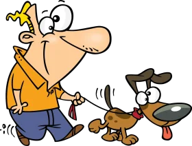 Cheerful Man Walking His Comically Animated Dog Clipart Illustration