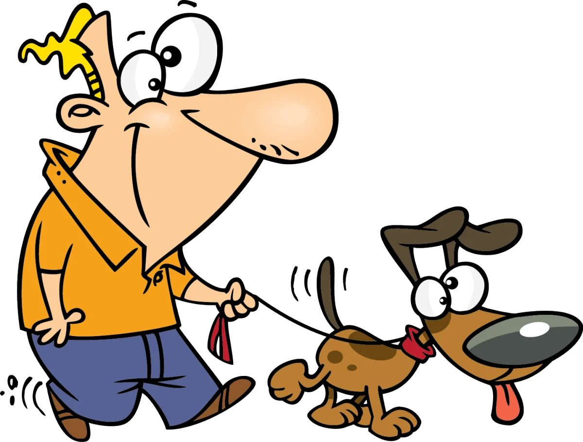 Cheerful Man Walking His Comically Animated Dog Clipart Illustration