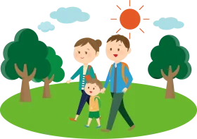 Family Stroll Through Green Meadow: A Cheerful Outdoor Walking Clipart Scene