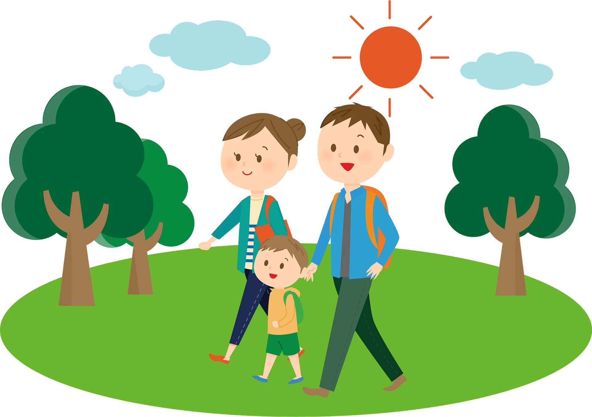 Family Stroll Through Green Meadow: A Cheerful Outdoor Walking Clipart Scene