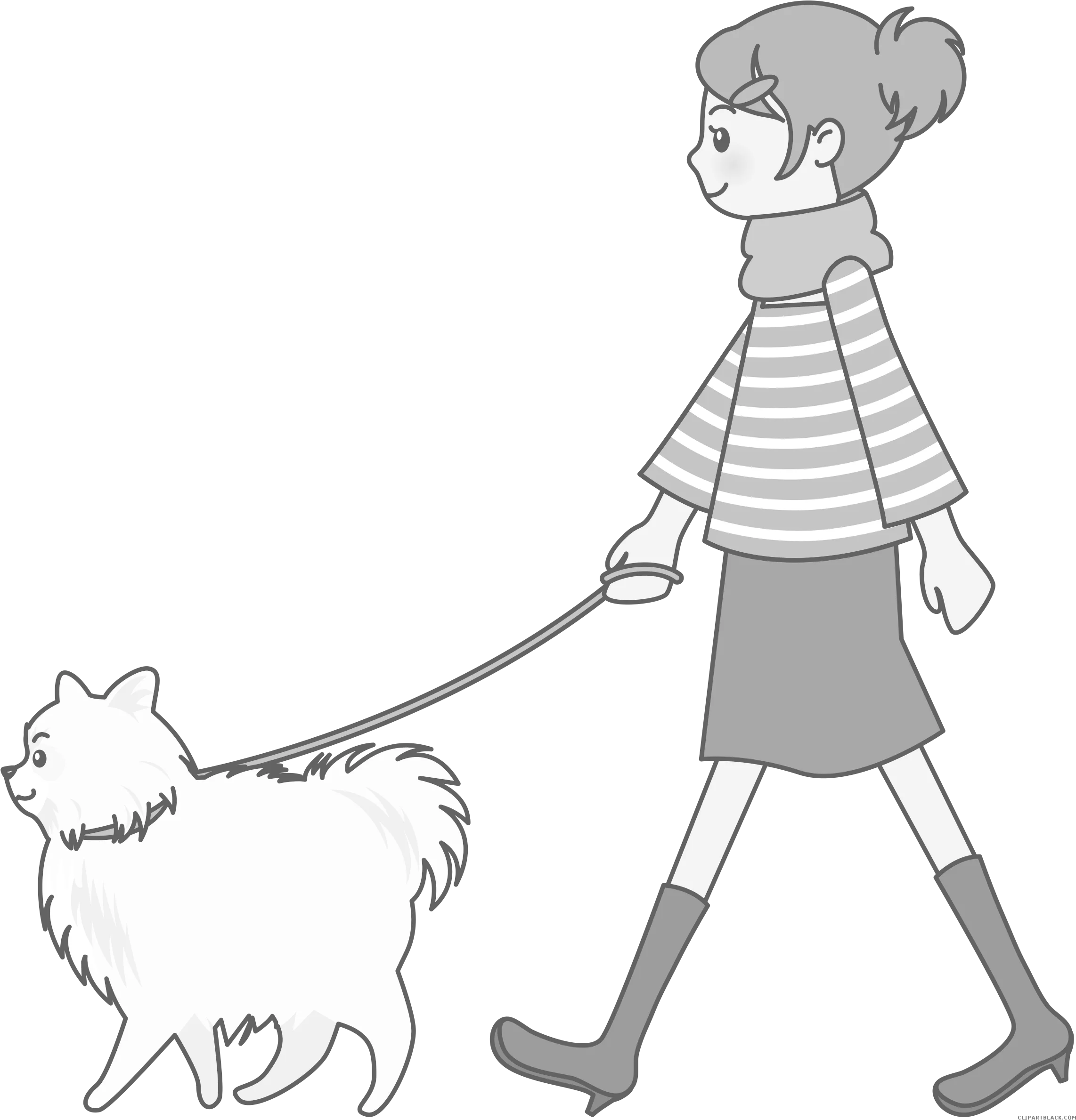 Serene Stroll: A Monochrome Clipart of a Person Walking a Fluffy Companion