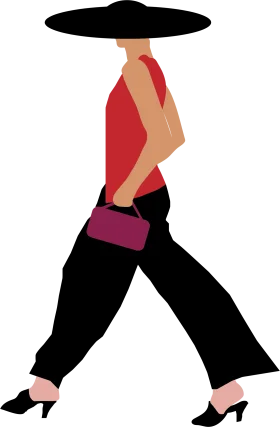 Stylish Fashion Walking Silhouette Clipart with Wide-Brimmed Hat