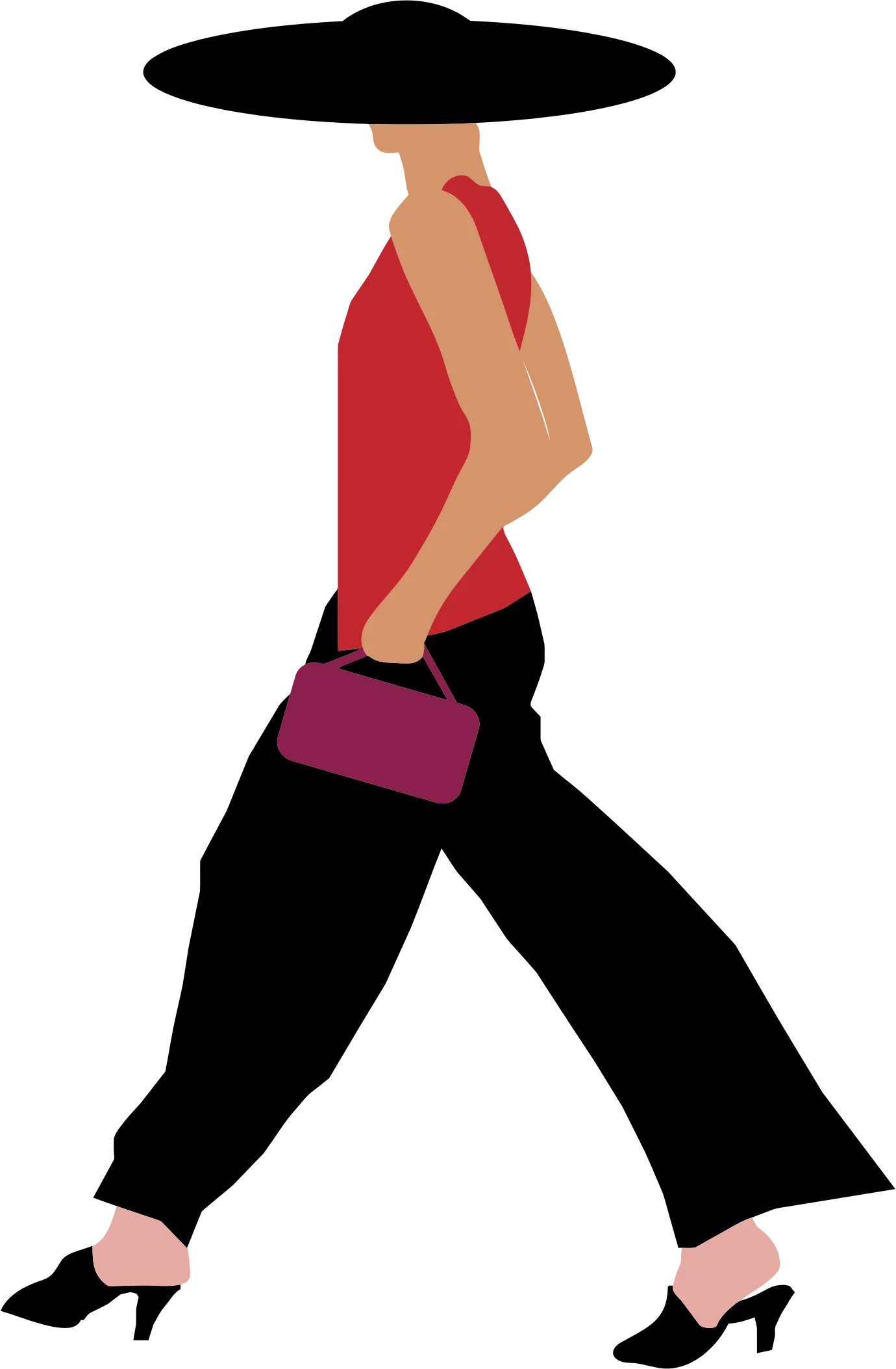 Stylish Fashion Walking Silhouette Clipart with Wide-Brimmed Hat