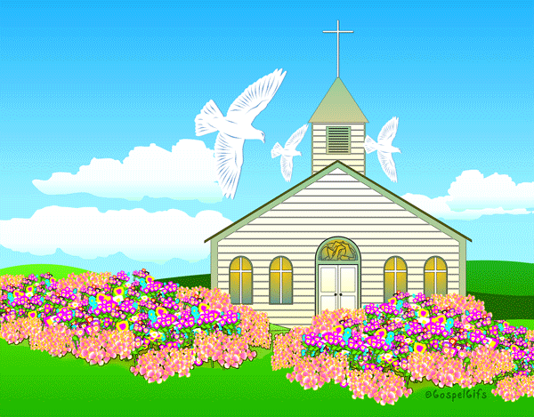 Free clip art christian church building with flowers green hills