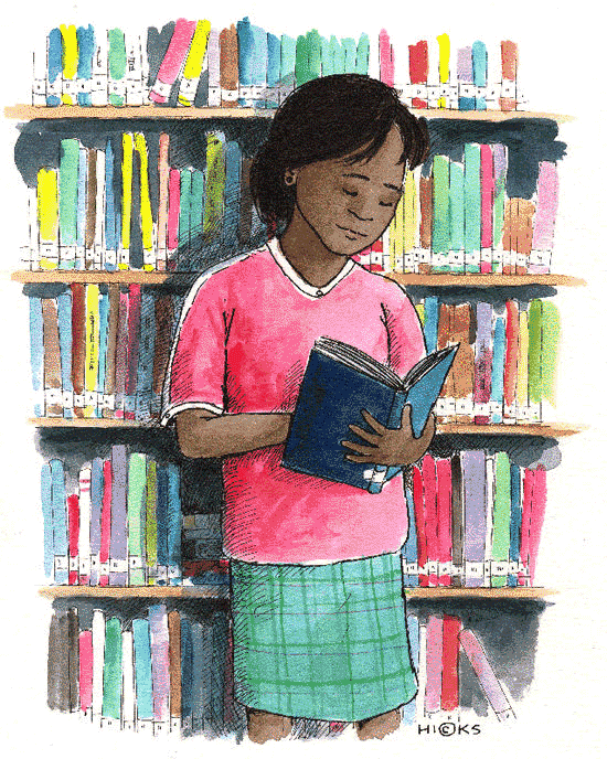 Girl reading in library clip art gallery