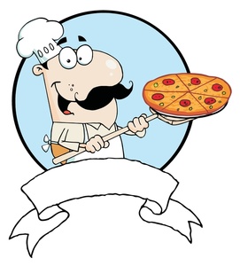 Chef clipart image a pizza chef with a pizza and a blank banner