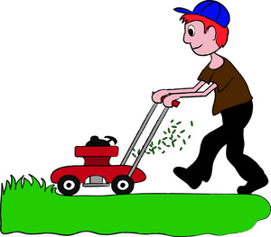 Lawn mower clipart image red headed boy mowing the grass with a