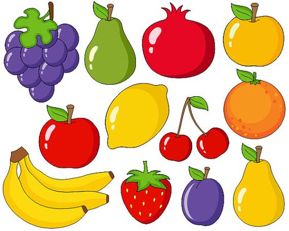 Cute fruits digital clip art grapes apple bananas pear plum