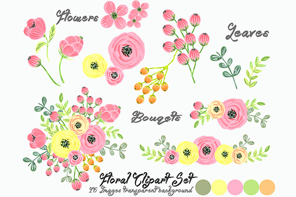 Watercolor pink multicolor flowers clip art floral clipart