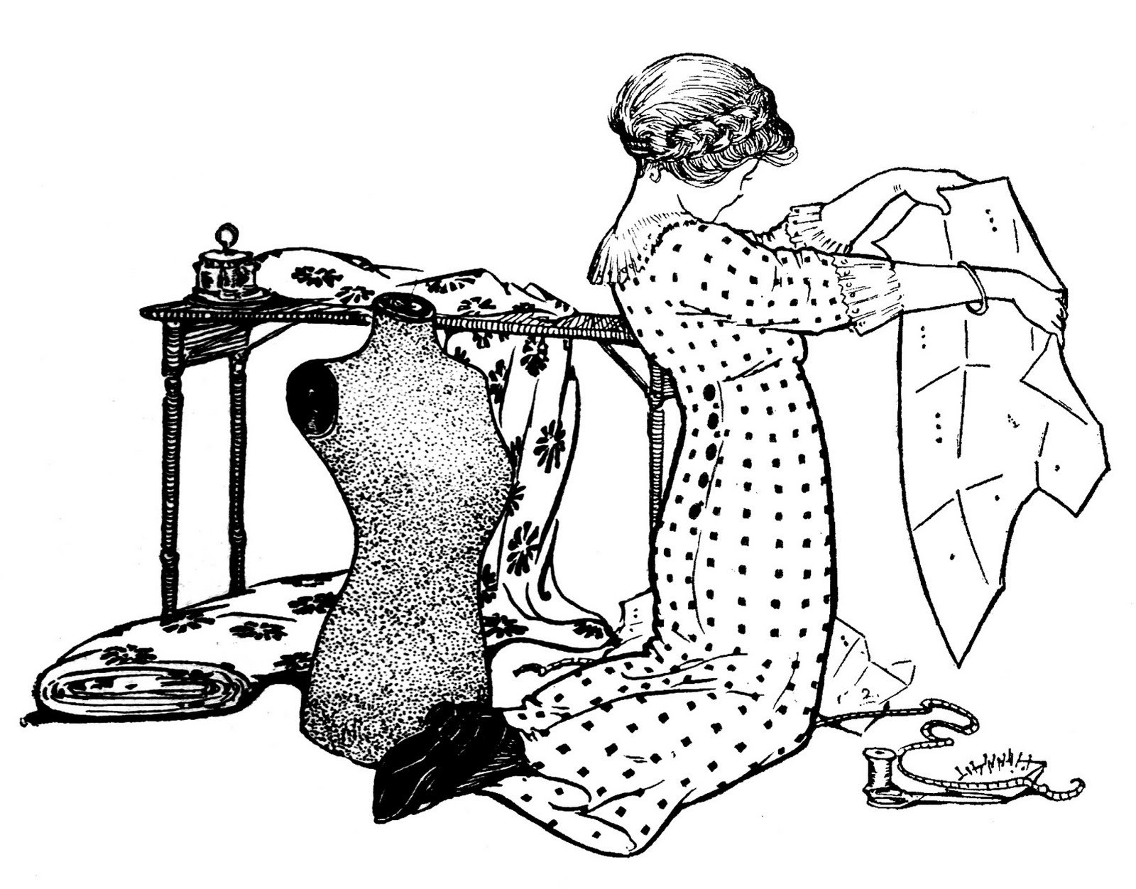 Vintage sewing clip art girl with pattern and dress form the