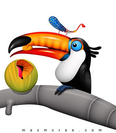 Cartoon toucan toucan eating tropical fruit