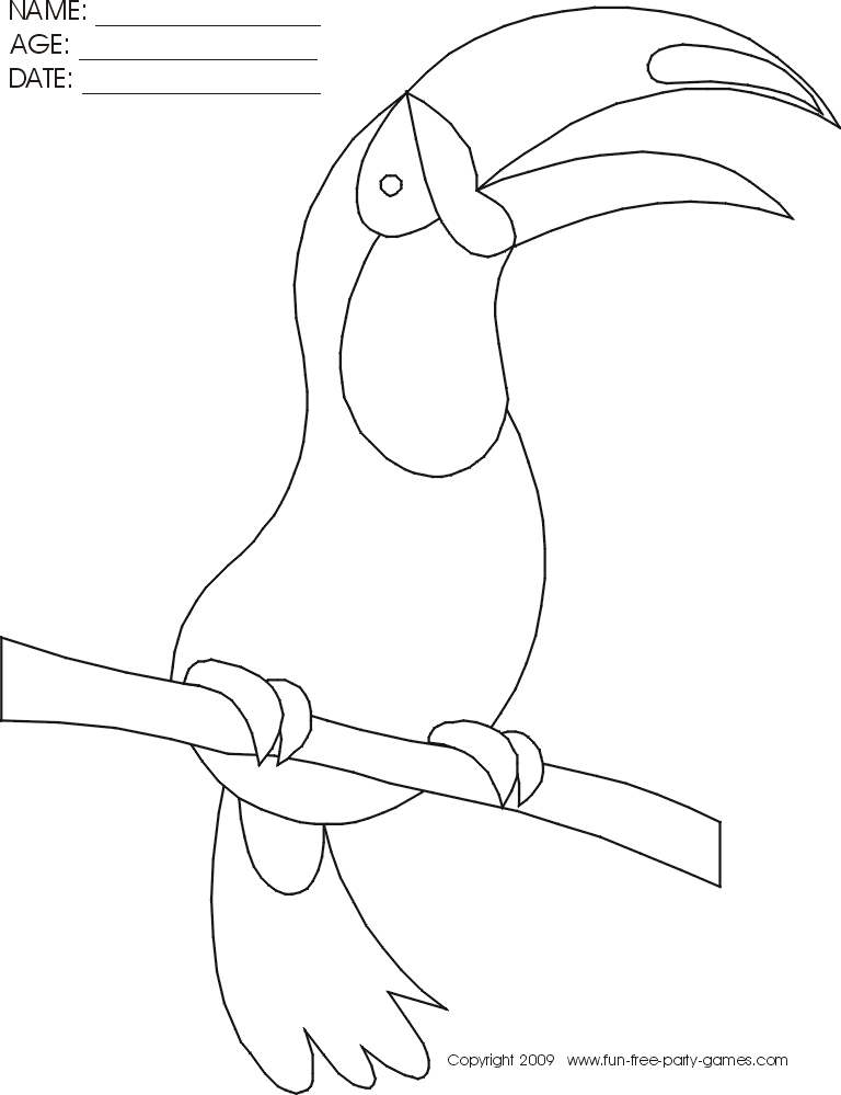 Free coloring activity cartoon toucan with open beak by fun