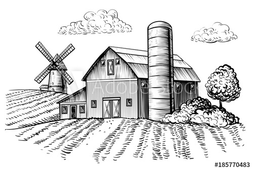 barn outline Rural landscape farm barn and windmill sketch hand draw jpg