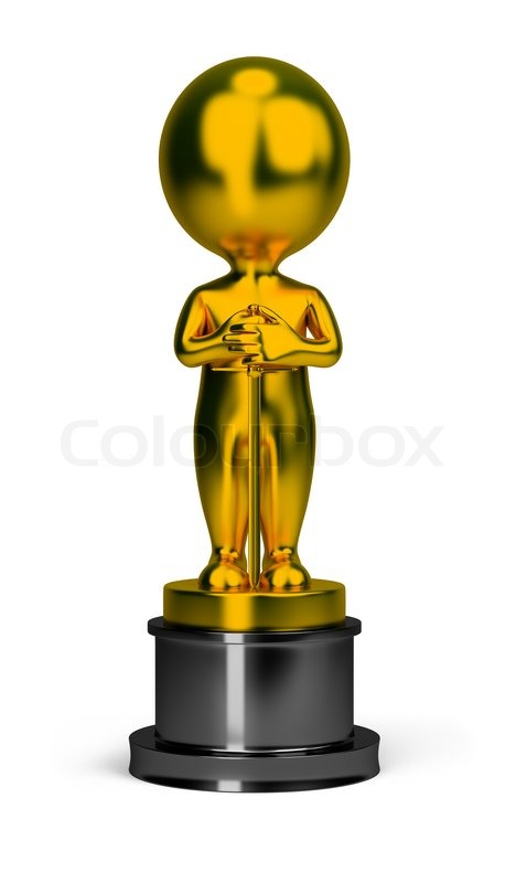 3d small person golden oscar with a sword in his hand stock jpg