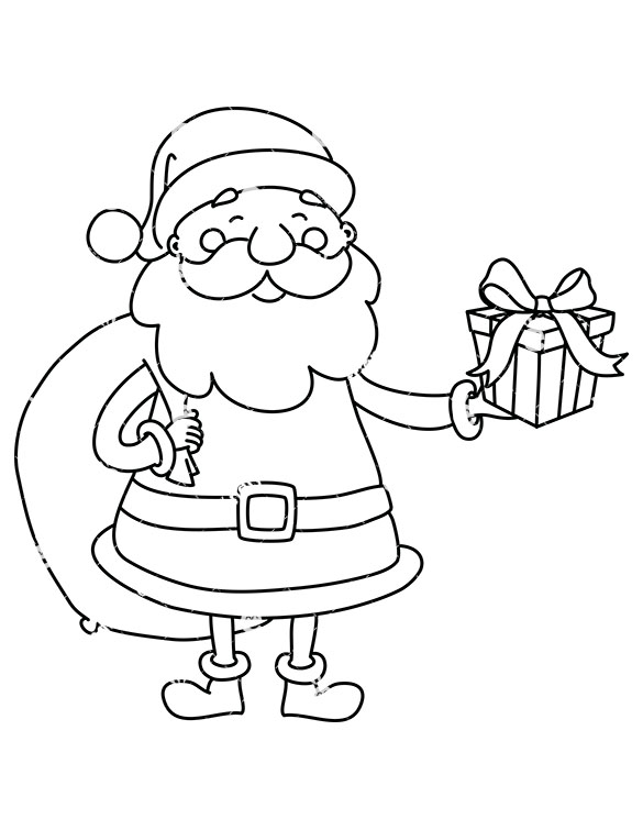 present outline Santa with a t bag on his back holding present clipart jpg