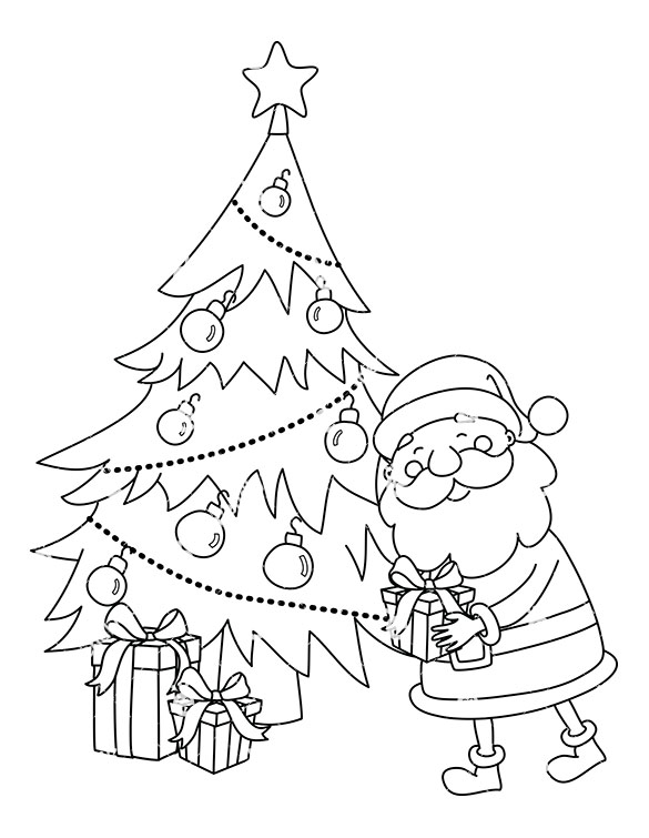 present outline Santa claus leaving a present under christmas tree clipart jpg