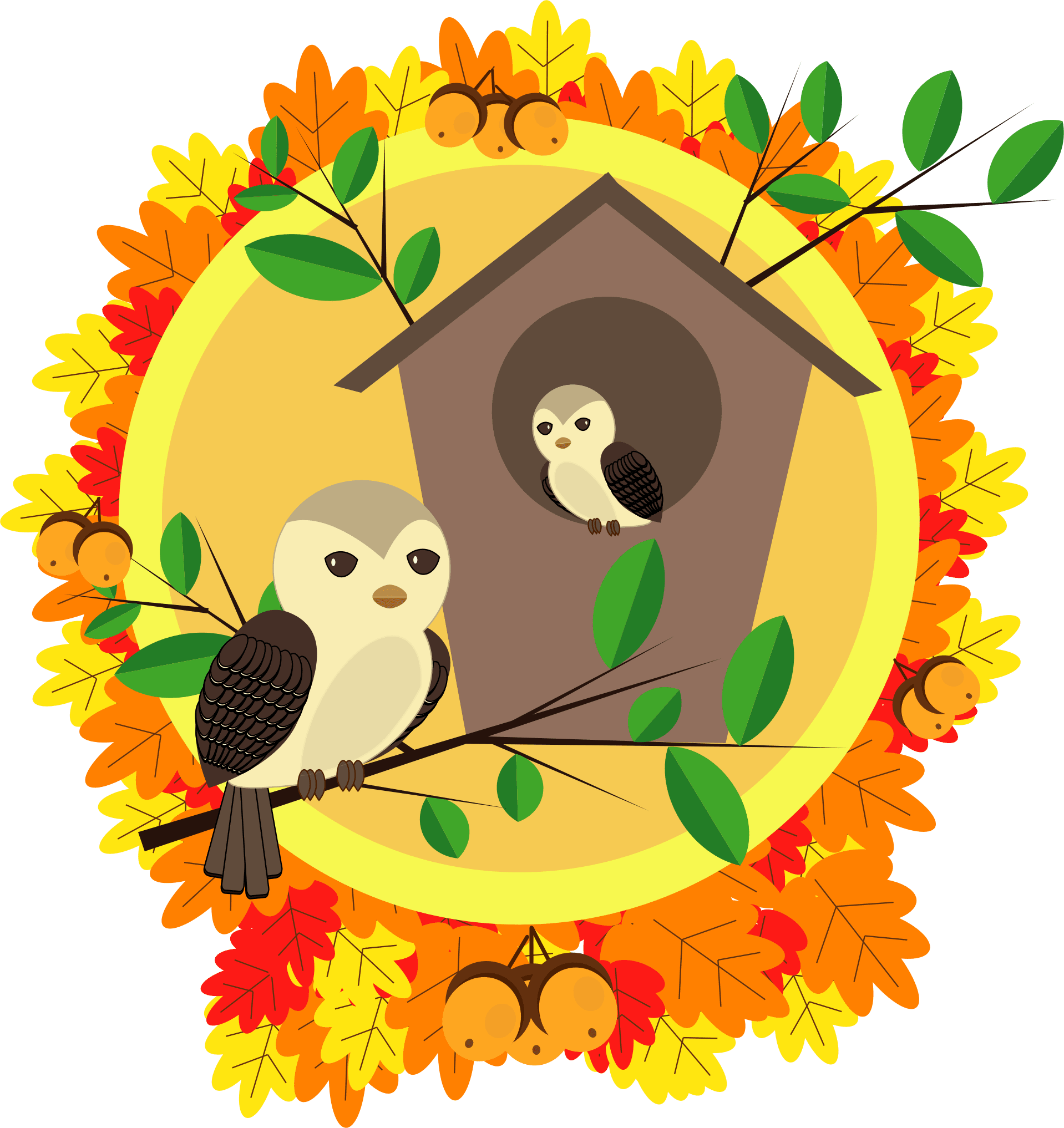 Cute fall birds and birdhouse in the autumn vector clipart image