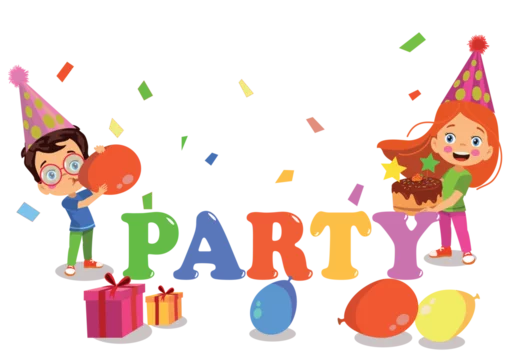 Happy kids with birthday party lettering background clipart